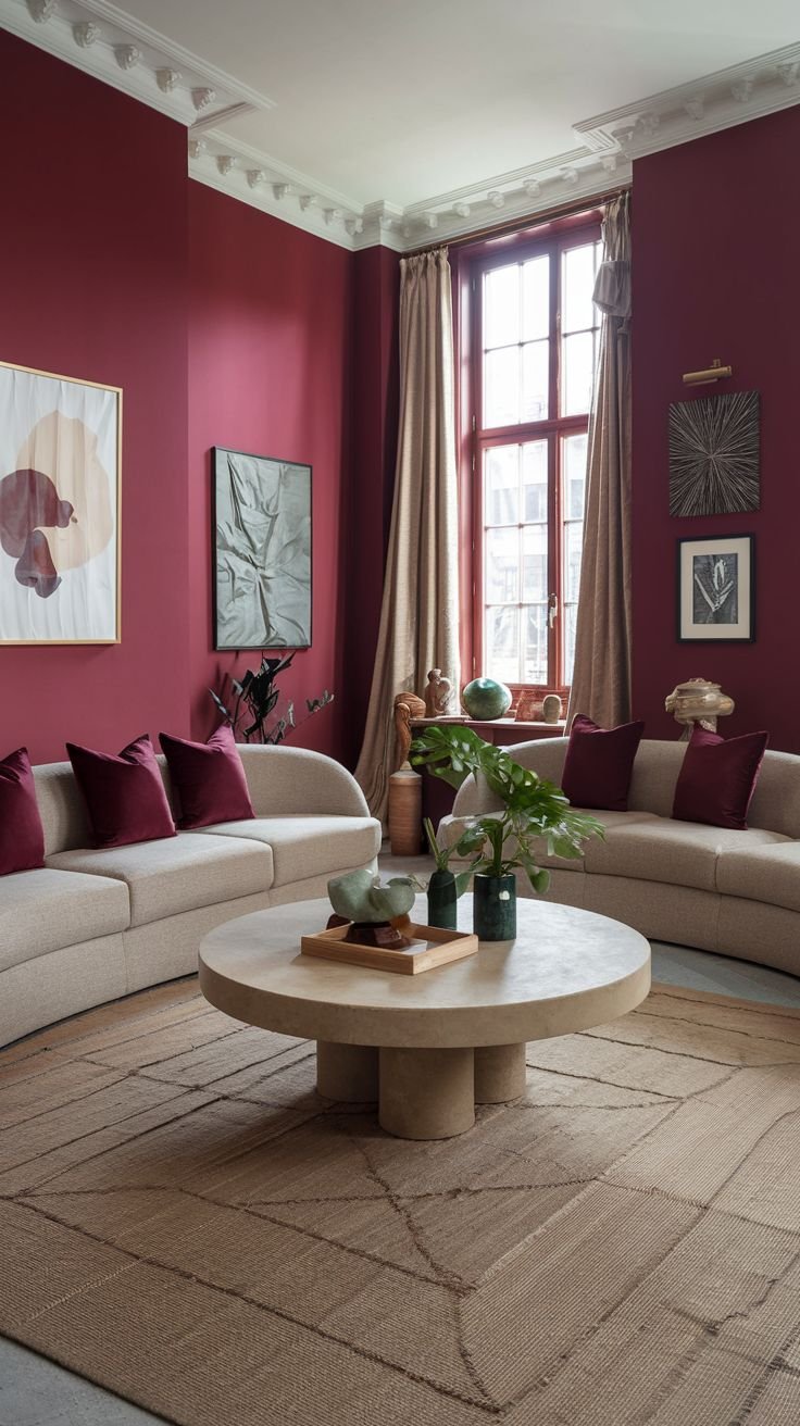A warm room with burgundy walls, two curved light-colored sofas, a large round coffee table, and a geometric rug.