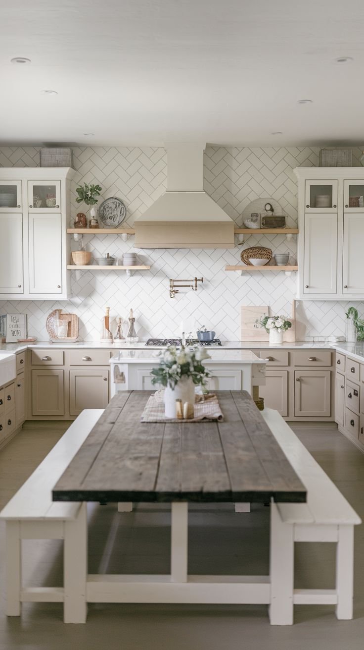 A farmhouse kitchen with white upper cabinets and beige lower cabinets, a large farmhouse table, and a white tile backsplash.